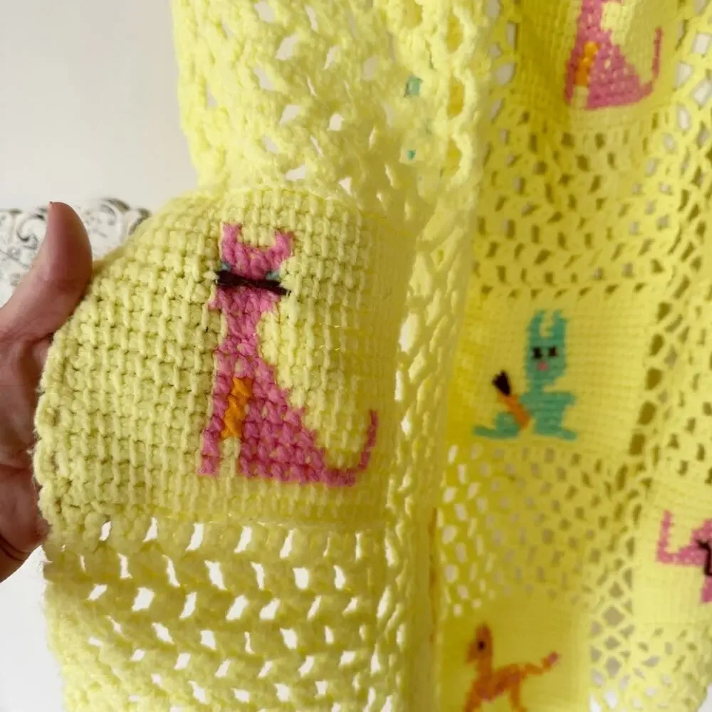 Vintage Handmade Yellow Crochet Knit Baby Blanket Animals Gender Neutral